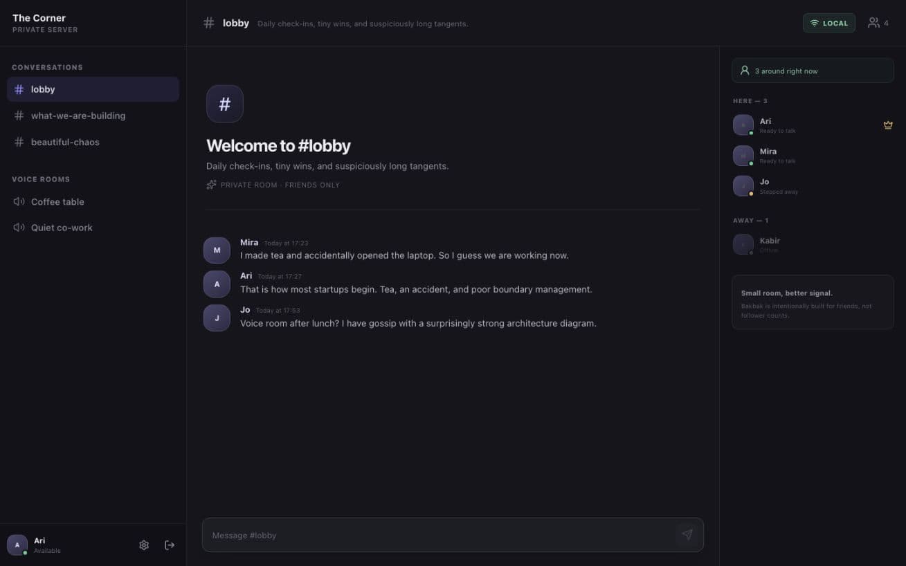 Bakbak desktop app showing private text channels, voice rooms, sample conversations, and a small member list using fictional preview data
